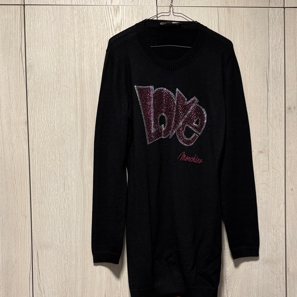 Love Moschino Women’s Black Sweater with Pink and White “LOVE” Rhinestones